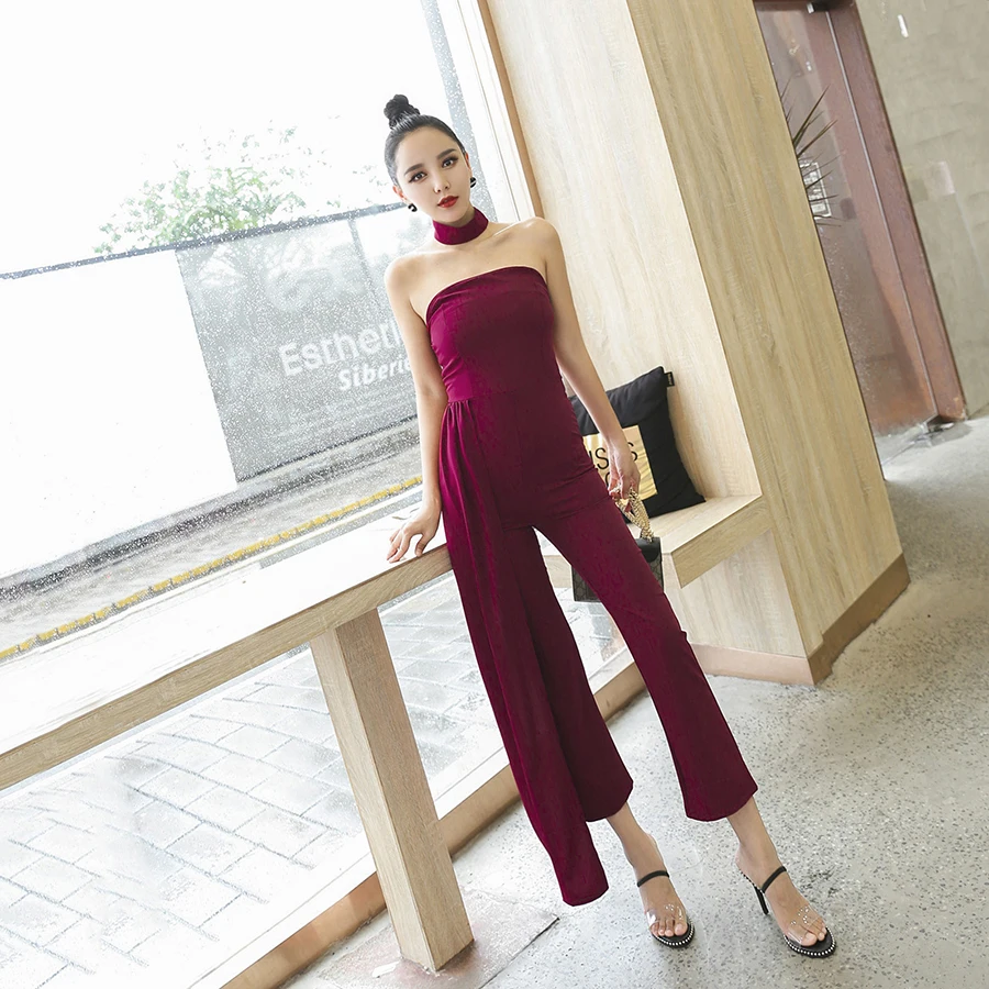 New Summer Wine Red Sexy Ladies Off Shoulder Jumpsuit Vintage Ankle Length Pants Jumpsuits and Playsuits