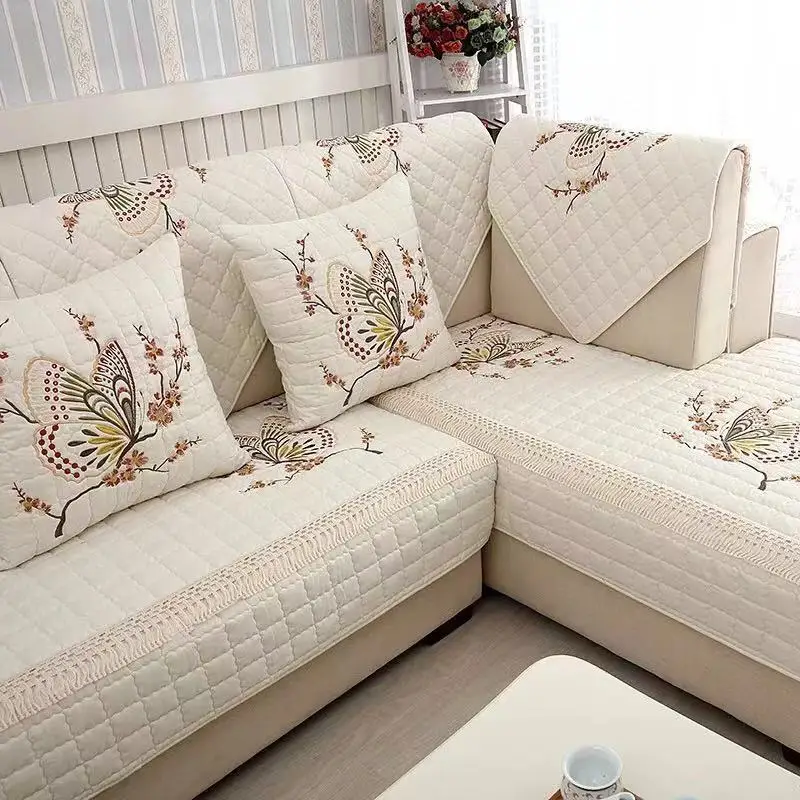 

Beige White Pastoral Style Embroidered Butterfly 100% Cotton Quilting Dust-proof Sofa Cushion Decorative Bay Window Cushion