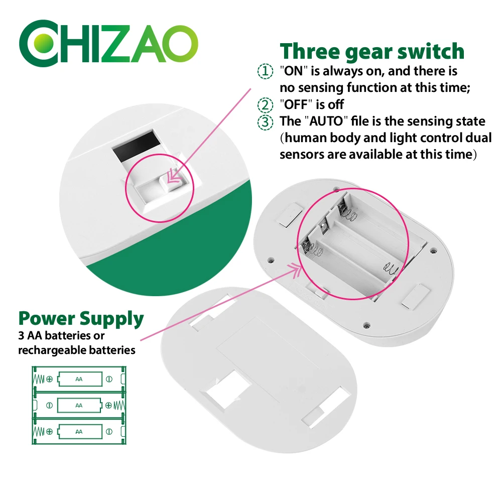 [CHIZAO] сенсорный Ночной светильник, беспроводная лампа с сенсором, 3 шт., aa-батарея, теплый/чистый(холодный) белый светильник, домашний простой светильник