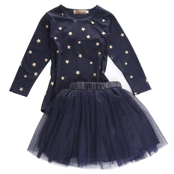 

Fashion Baby Girls Party Star Bowknot Tops T-shirt+Tulle Skirts Tutu Dress Outfits Set Girls Spring Autumn Cute Dress 2-7Y