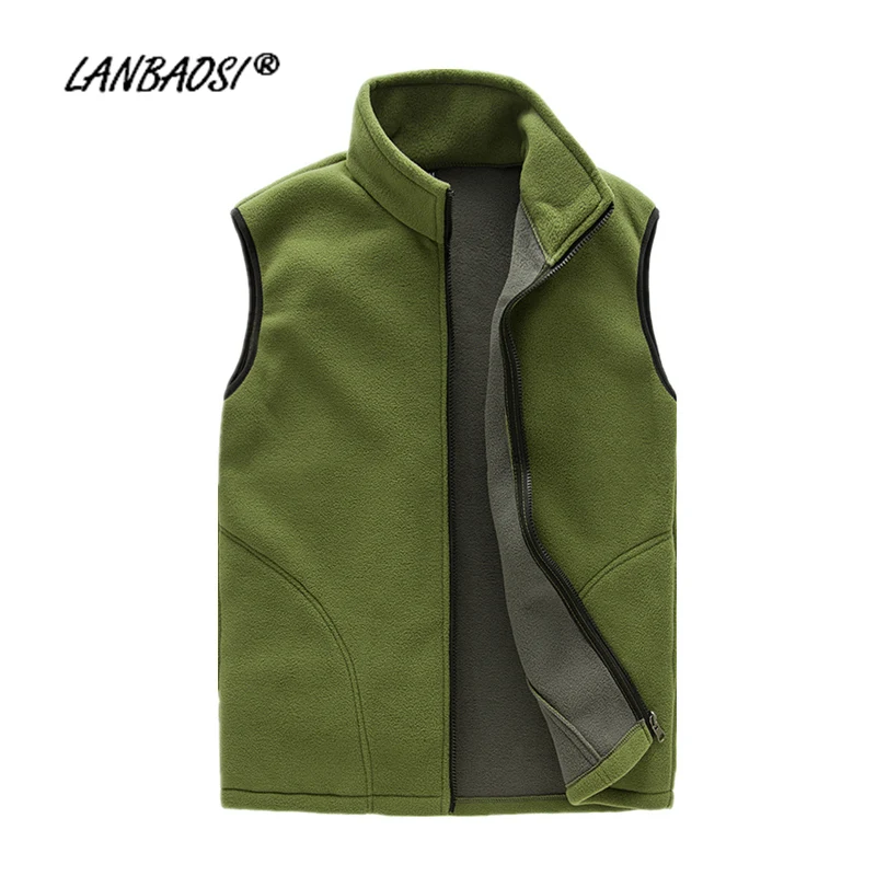 

LANBAOSI Thick Fleece Vest for Men Waistcoat Zipper Fly Pockets Winter Autumn Warm Thermal Soft Vests Plus Size homens colete