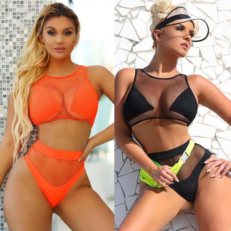 

Women High Waisted Swimsuit Mesh Swimwear Push up Bikini Set Monokini Bathing Suit