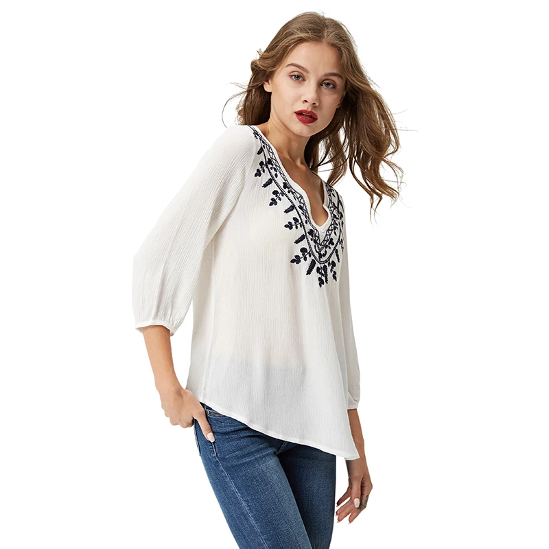  GLO-STORY Summer retro shirt 2018 Chiffon Embroidery Women blouse White vintage V neck blouse femme