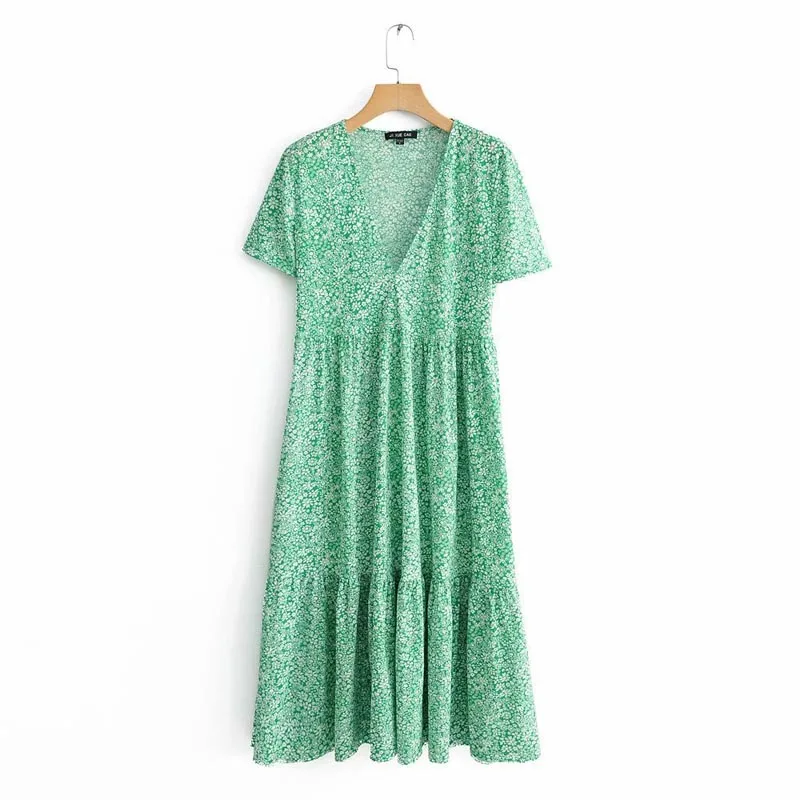 

QZ902 Women V Neck Short Sleeve Print Green Dress Summer Big Sweep Tiny Floral Print Vestidos