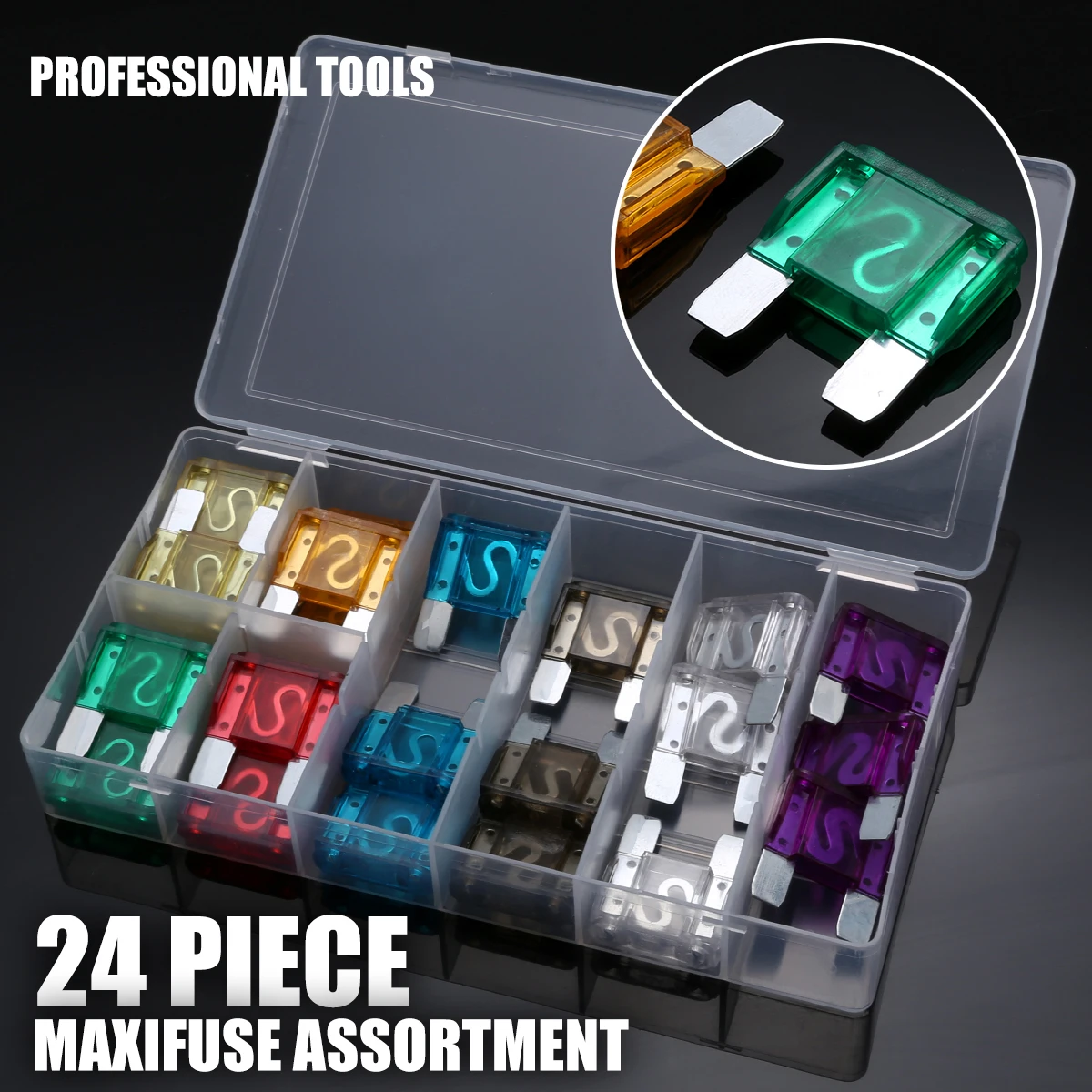 24pcs Big Maxi Blade Fuse Assortment Set 8 Kinds High Quality Car Truck RV Electrical Fuse Kit 20A 30A 40A 50A 60A 70A 80A 100A