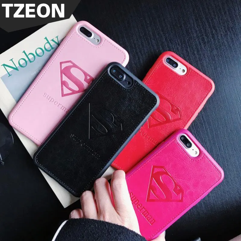 Pink Case For IPhone X 8 7 6s 6 Plus Superman PU Leather Pattern Superwoman Cartoon Soft Silicone TPU Case For Ayfon X 10 Cqoue