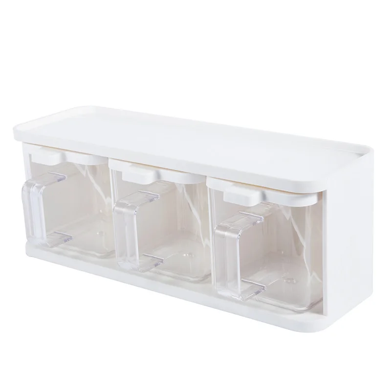 

Visible Detachable 3 Grids Spice Box With Shell Spoons Plastic Pepper Herb Sugar Salt Seasoning Storage Bottle Cooking Tool