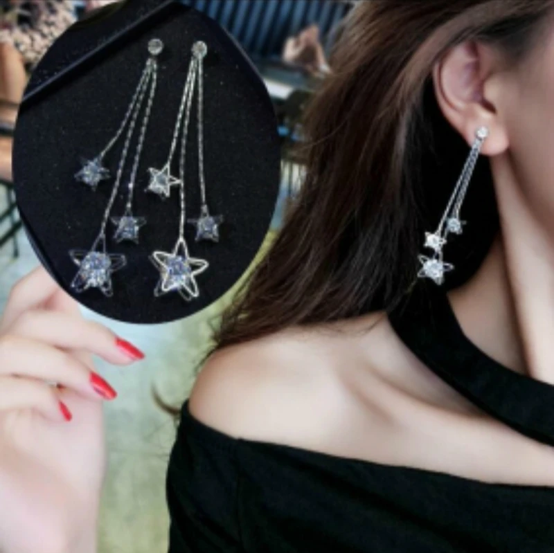 

2019 Hot Fashion Jewelry Five-pointed Star Brincos Oorbellen Long Statement Tassel Zircon Drop Earrings For Women Wholesale