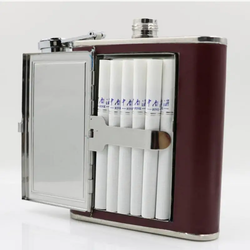 

Cool Stainless Steel and Leather Alcohol Flask with Compartment/Cigarette Case - For Men and Women - Drinking Flask for Liquor
