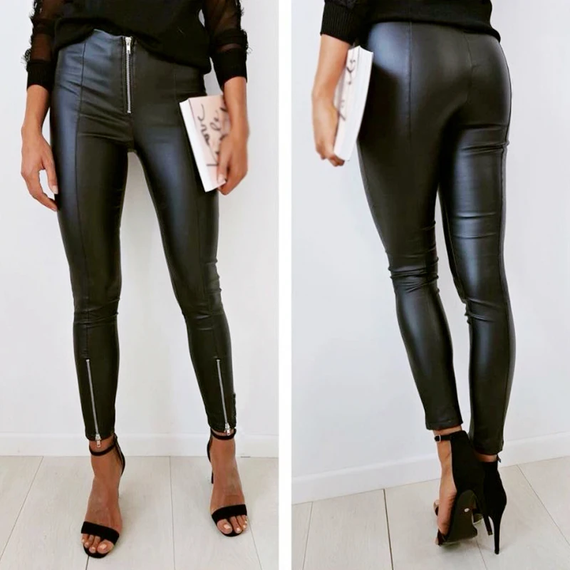 

Women Sexy Skinny Black Slim Leggings Zipper PU Leather Pants Trousers