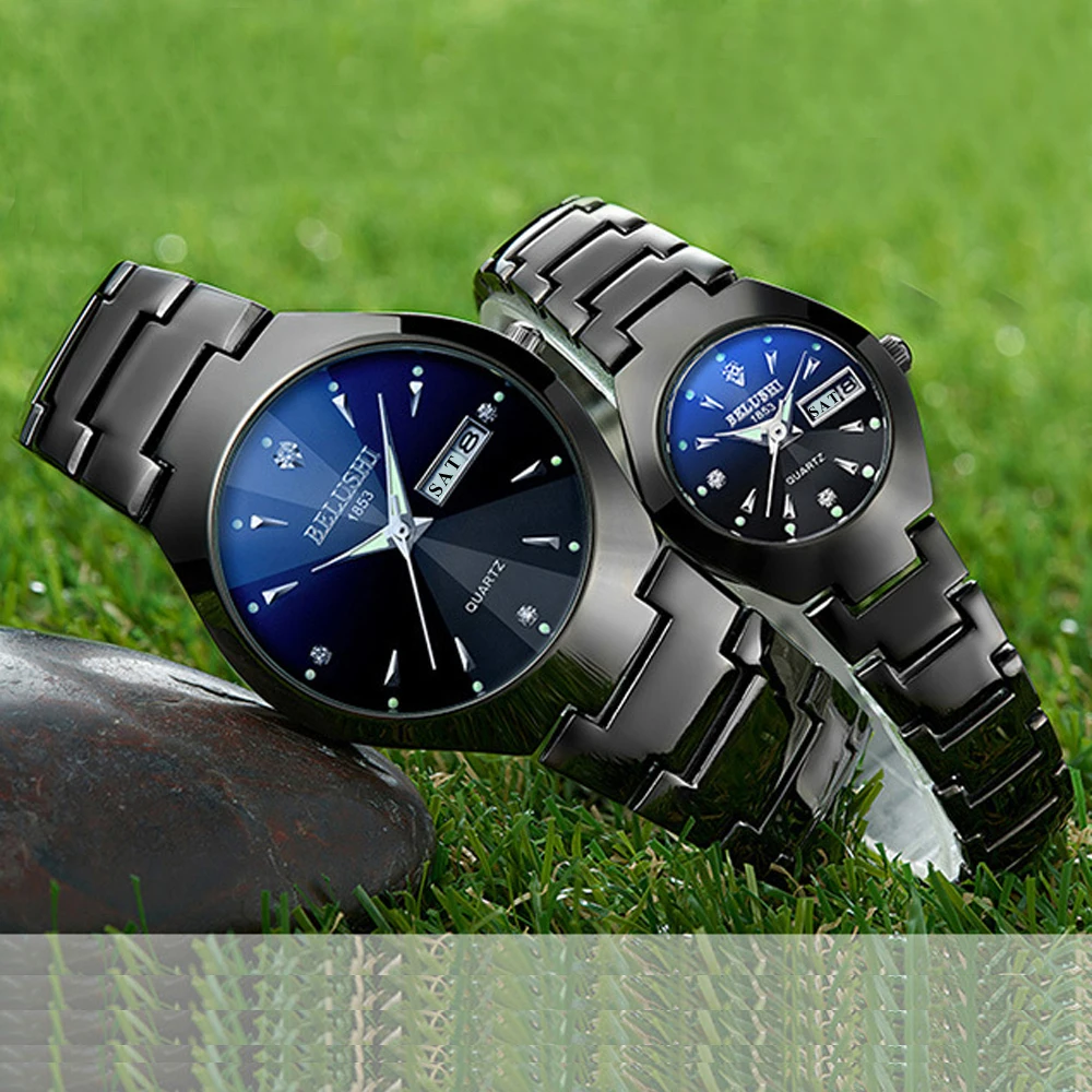 

Couple Watches 2019 Top Quality Tungsten Steel Black Wrist Watch for Men and Women Bracelet Female Watch Reloj Hombre Lover Saat