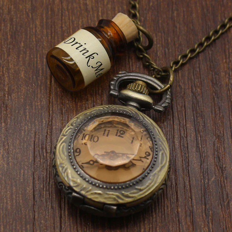 Винтаж кварцевые карманные часы Алиса в стране чудес бутылки Цепочки и ожерелья кулон подарок мини ретро темно-коричневый Стекло для Для