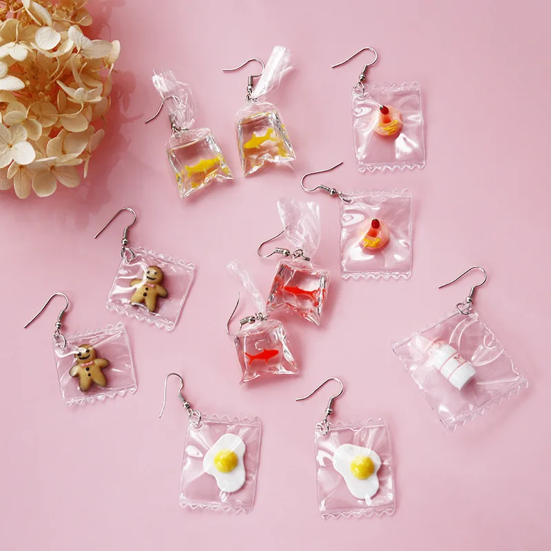 

Funny Resin Transparent Bag Egg Cookies Donuts Earrings Cute Sweet Food French Fries Bread Milk Dangle Earring for Woman Jewelry