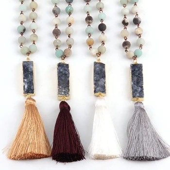 

Fashio Artisan Jewelry Frosted Amazonite Stone rectangle druzy and Tassel Punk Necklaces For Women Lariat Necklace