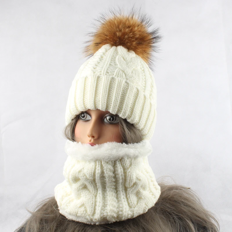 Winter Fleece Inside Warm Scarf Hat For Women Real Fur Pompom Beanie Twist Knitted Hat And Scarf Set