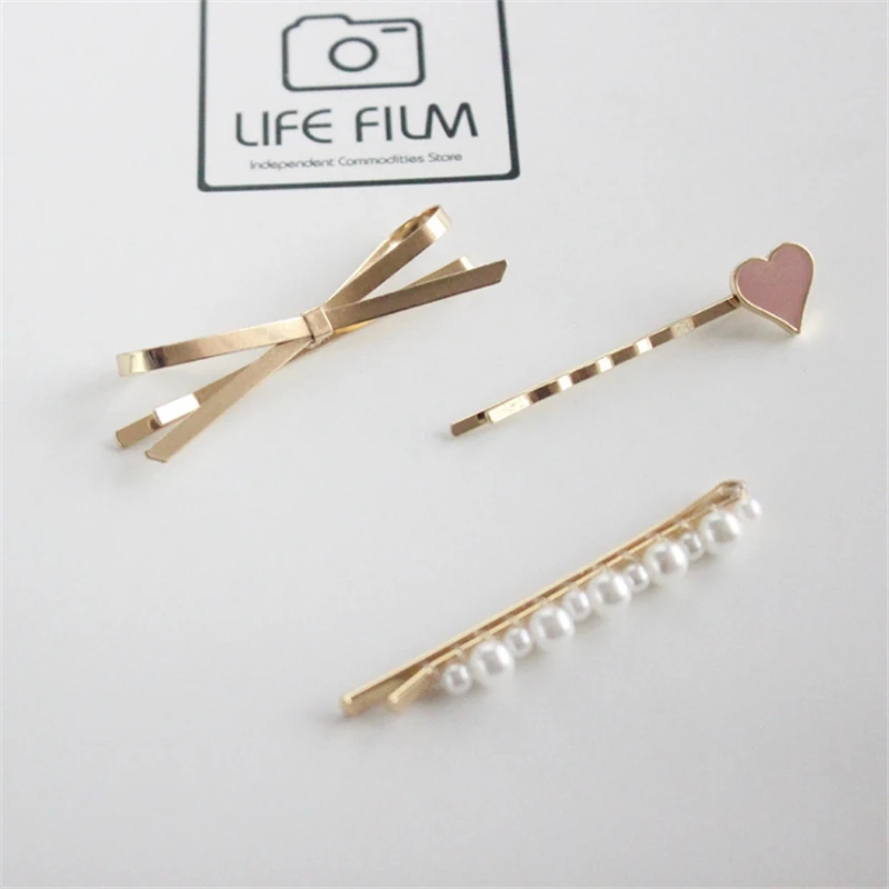 3Pcs/set Metal Hairclip Bow Pearl Drop Female Heart Wild Hairpin For Children Hair Clip Hair Accessorie Hair Styling Tools