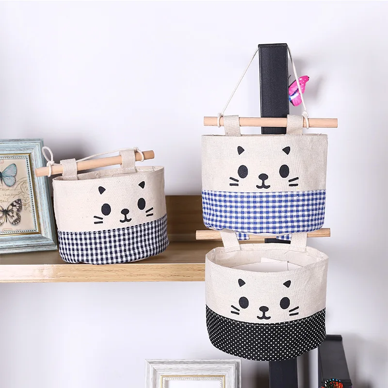 

1pc Kawaii Cat Wall Sundry Storage Box Fabric Cotton Pocket Hanging Holder Storage Bags Makeup Cosmetic Organizer Organizers
