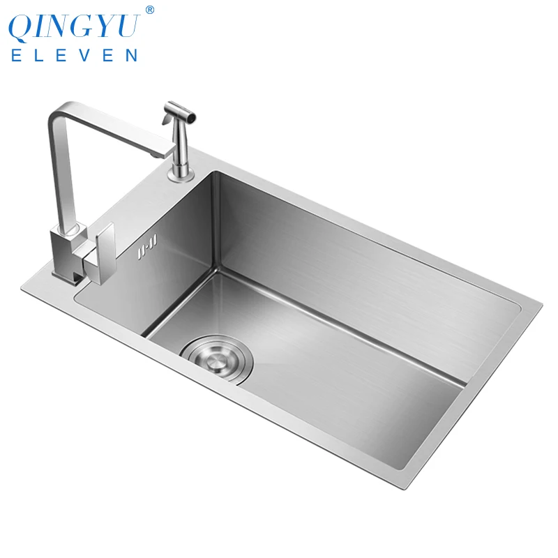 QINGYU ELEVEN Horizontal Kitchen Sink High Quality 304 Stainless Steel Dish Sink Large Size Single Bar Counter Kitchen Sink