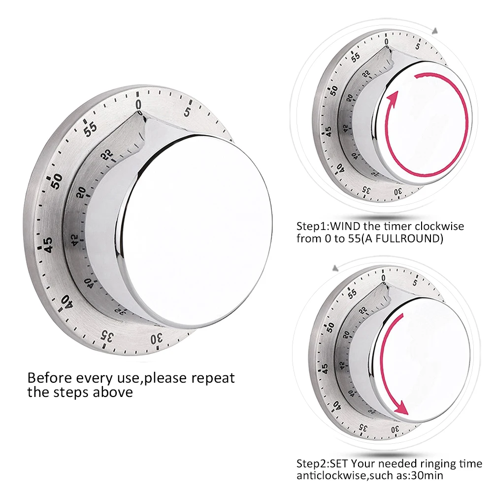 Кухонный таймер с магнитной основой, ручной механический таймер из нержавеющей стали для приготовления пищи, инструменты для приготовления пищи, кухонные гаджеты