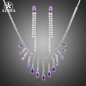 

AZORA Wedding Jewellery Purple Cubic Zirconia Bridal Jewelry Sets for Women Long Tassel Statement Necklace Earrings Set TG0270