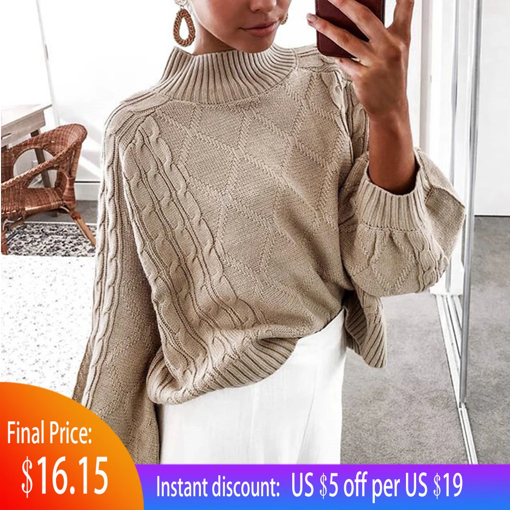 

Turtleneck Sweater Women Jumper Winter Pullovers Loose Knited Lantern Sleeve Pull Black Lazy Oaf Tops Sueter