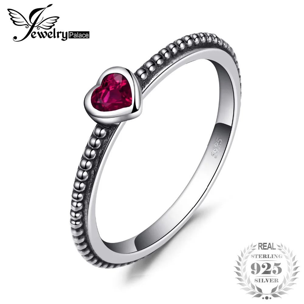Jewelrypalace Love Heart Birthstone Created Rubies Stackable Ring 925 Sterling Silver Ring Women Fashion Engagement Ring