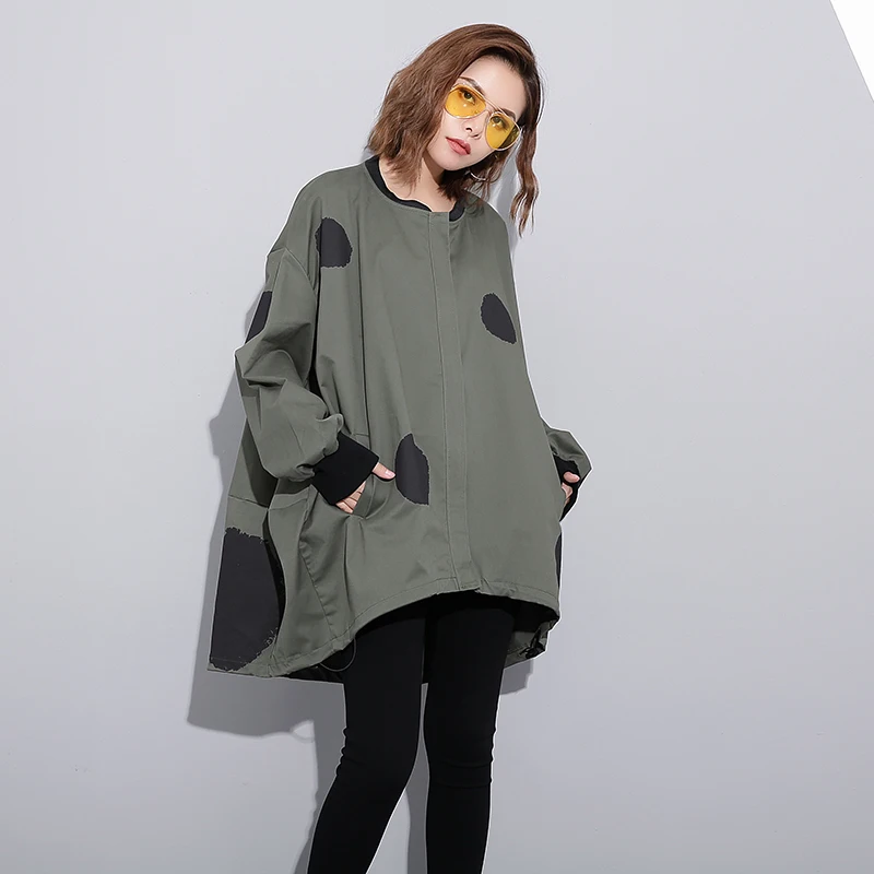 [EAM] новая весенняя куртка со стоячим воротником, с длинным рукавом, с принтом в горошек, нестандартный однотонный цвет, большой размер, Женская куртка, модное пальто, JC952 - Цвет: gray green
