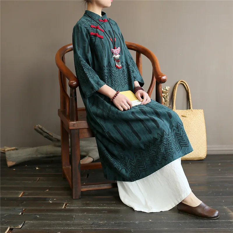 Женское платье с цветочным принтом, с рукавом-стойкой, в винтажном стиле, Cheongsam, весна-лето, новое платье на пуговицах, свободное, мягкое, хлопковое