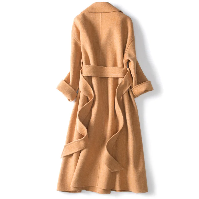 Veste Femmes De orange face Couleur Double Ceinture Longues Longue Acrmrac Solide Manches Manteaux À Mince Manteau Bleu Laine X7Zxd