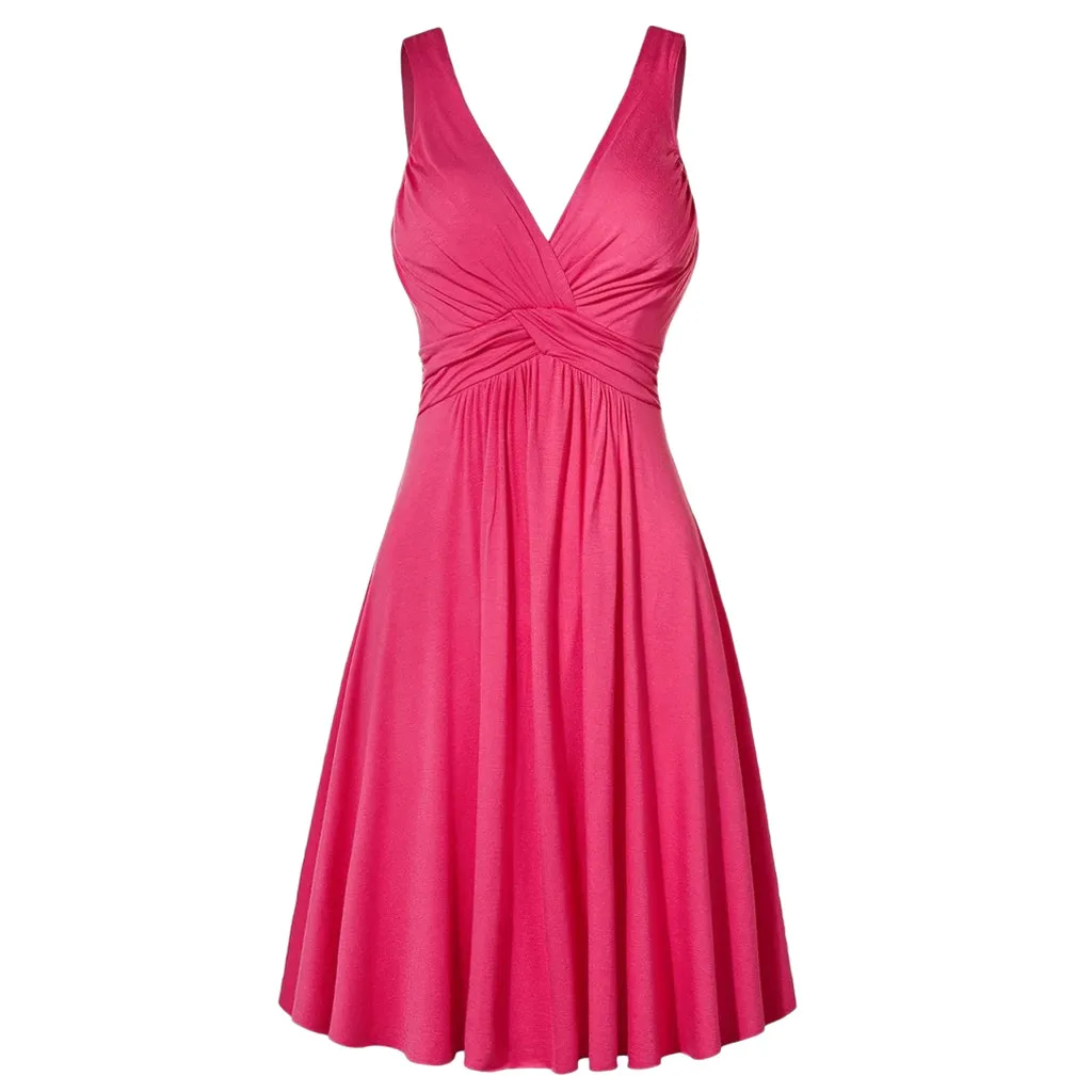 

Women's Plus Size V-neck Retro Sling Pleated Slim Flare Dresse