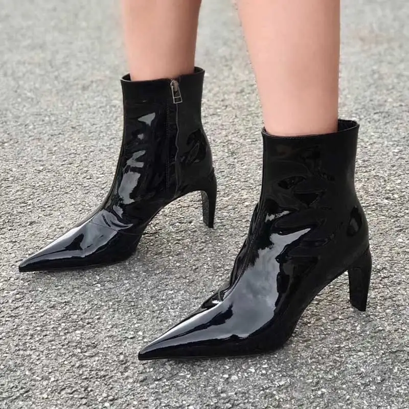 

Patent Leather Strange Heels Booties Woman High Heel Pointed Toe Zipper Ankle Boots Fashion Brand Design Runway Ladies Shoes
