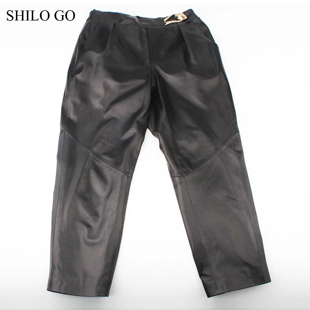 SHILO GO Leather Pants Womens Autumn  Fashion sheepskin genuine leather Pants luxury metal waist high waist concise loose pants