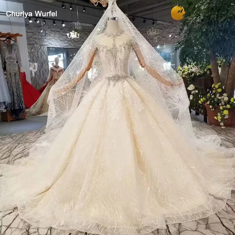 LS11209 crystal wedding dresses with veil high neck cap sleeves see-through bride gown train bruidsjurken | Свадьбы и торжества