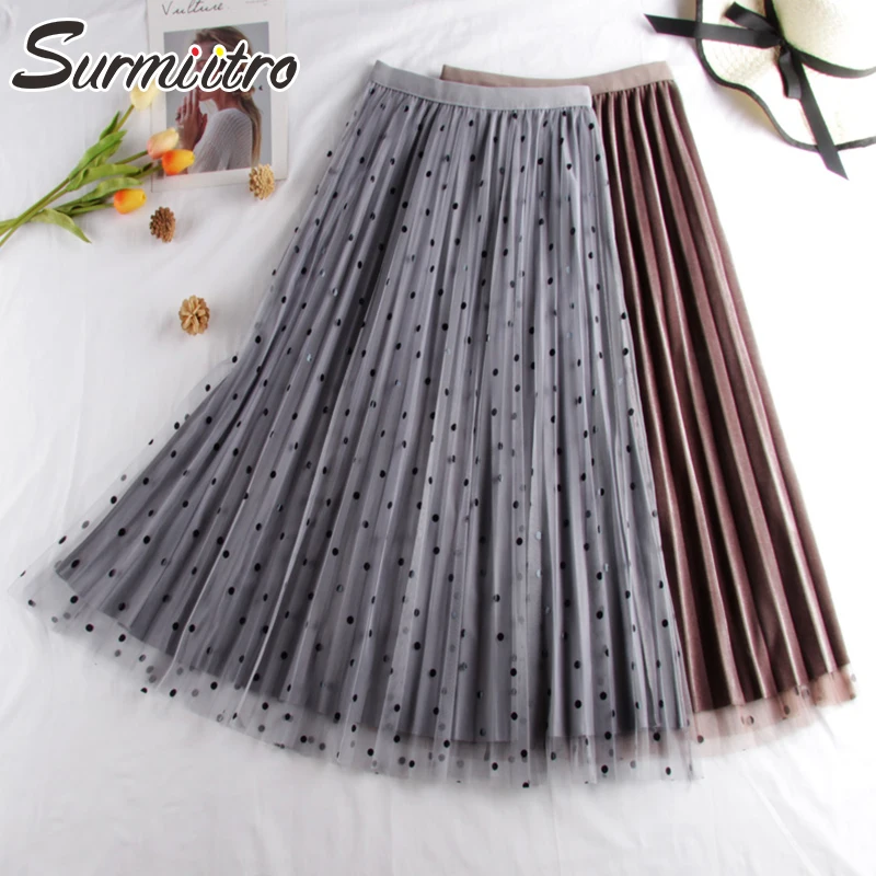 Günstig Surmiitro Polka Dot Reversible Samt Midi Rock Frauen 2019 Herbst Winter Koreanische Hohe Taille Lange A linie Plissee Rock Weibliche