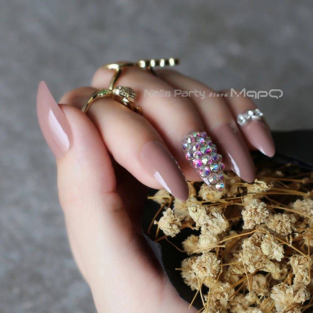 Коричневый полный кристалл лук цветок поддельные ногти телесный миндаль полный набор 26 шт Средний настроить логотип DIY накладные ногти-стилеты ногтей УФ для ногтей