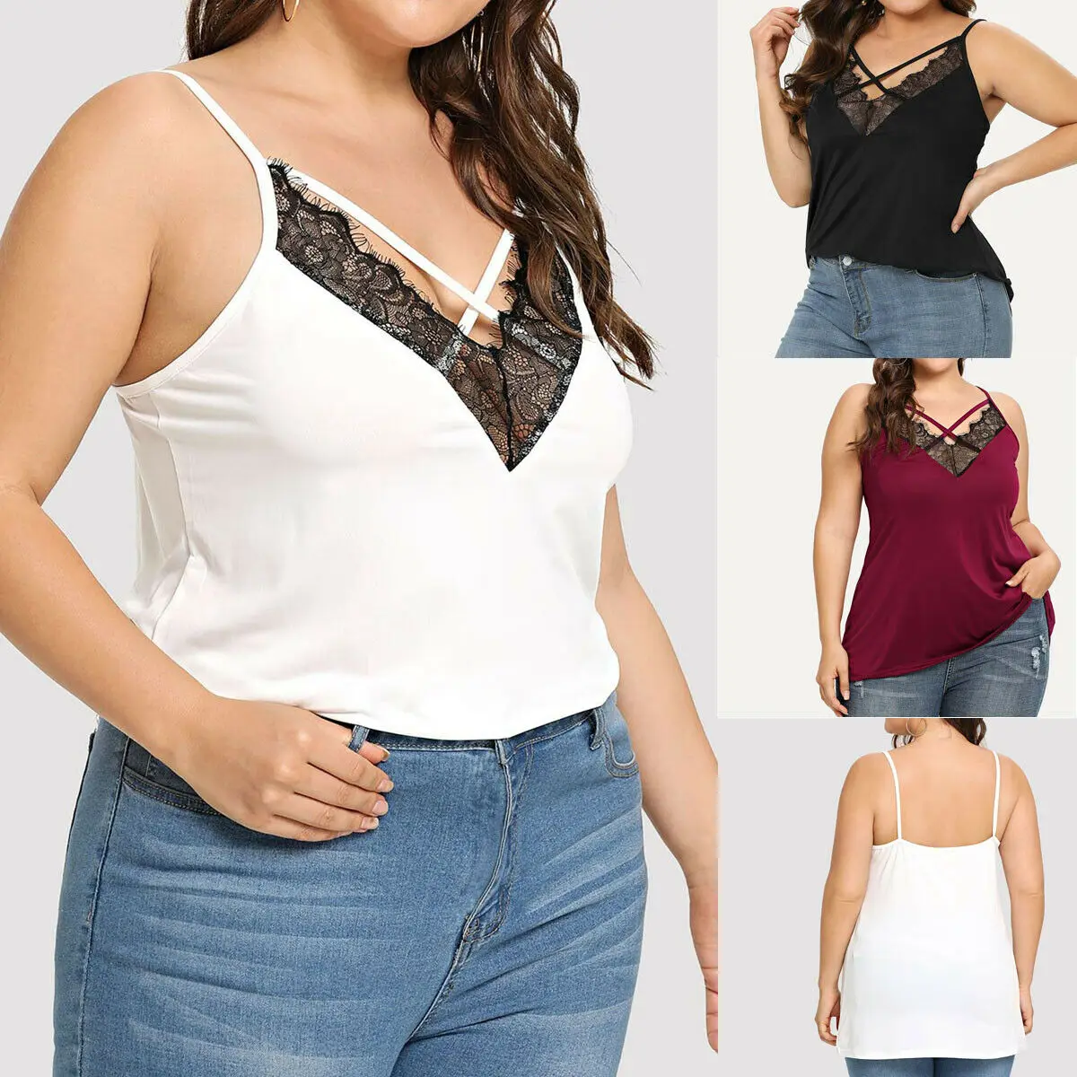 

Summer Women Sexy Vest Sleeveless Tank Tops Ladies V-Neck Lace Solid Camis Plus Size XL-5XL
