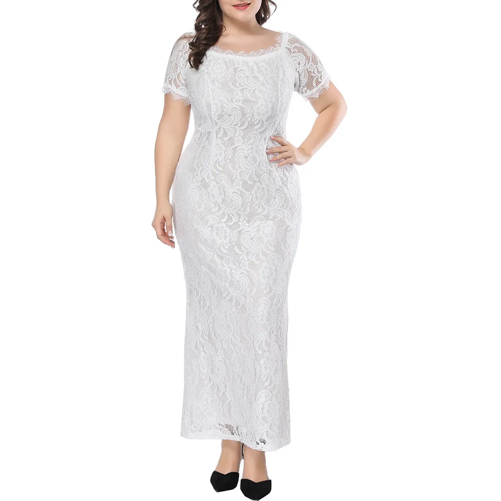 Summer Casual Women Elegant Plus Size Sexy Lace Bodycon Dress Short Sleeves Slash Neck Evening Party Maxi Dresses Dresses