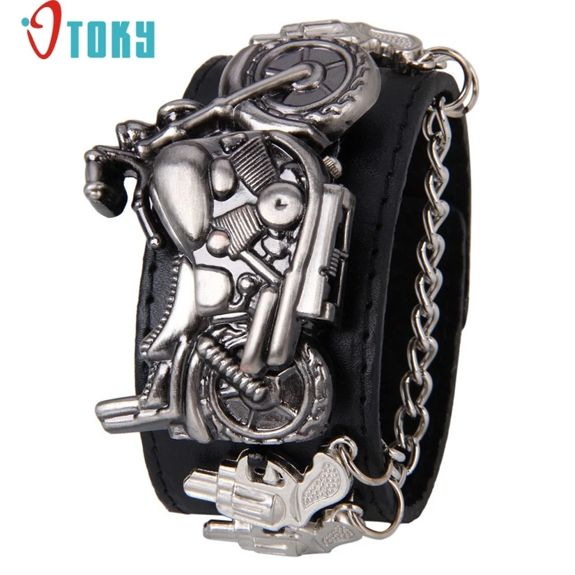 

Hot hothot 2016 Newly Design Style Retro Punk Rock Brown Big Wide Leather Bracelet Cuff Men Watch Cool Relogio Masculino ot19