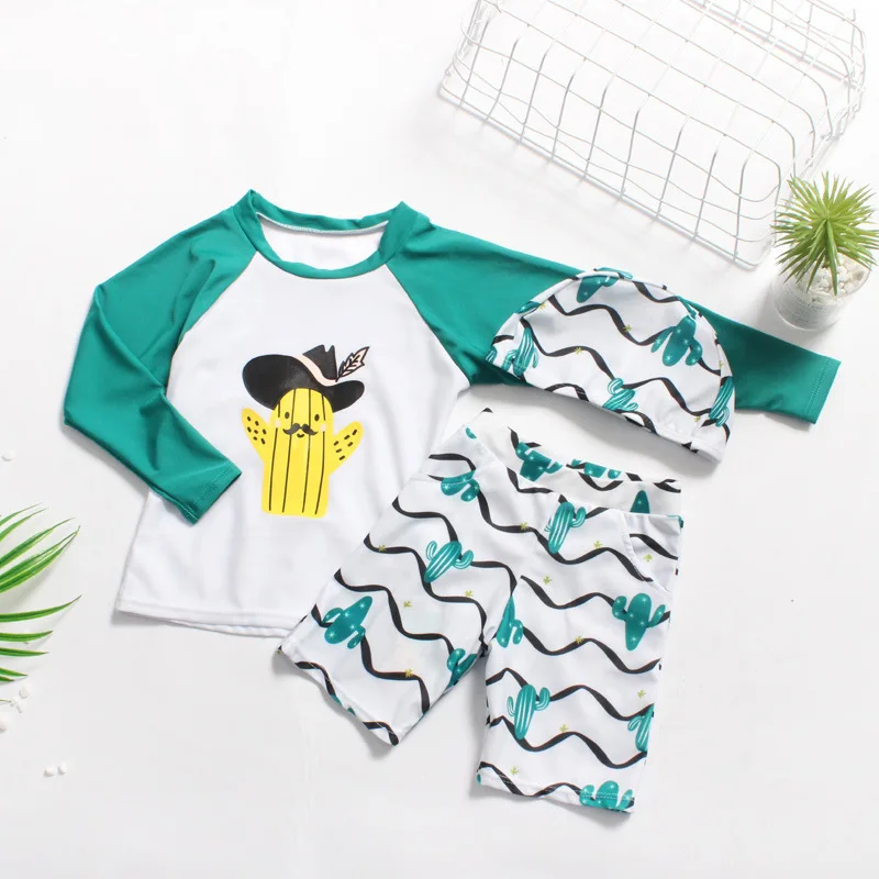 

2018 New Cute Boys Kids Swimsuit 3 Pieces Cactus Print with Cap Anti-UV Bathing Sports Surfing Beach For 1-12 Years Old S85801Y