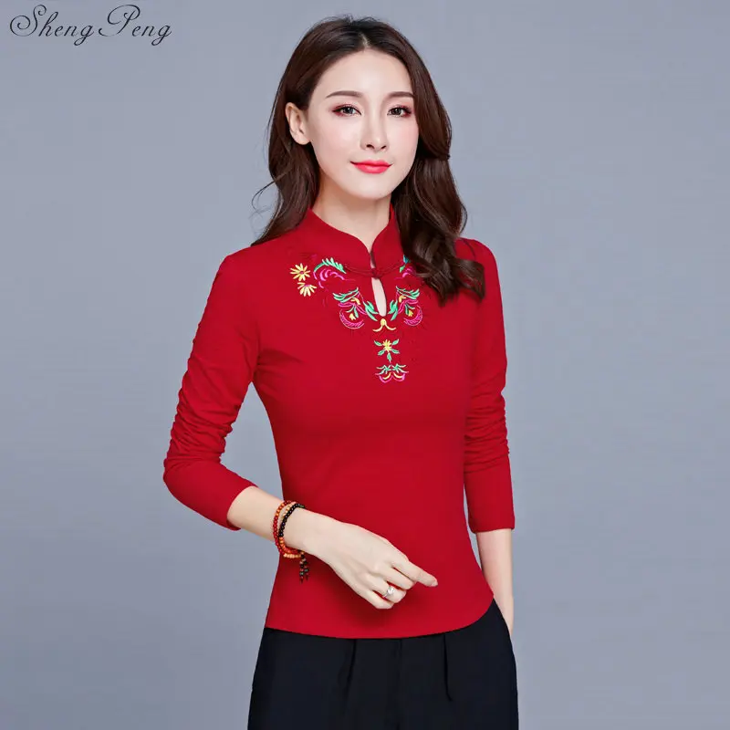 Cheongsam Топ традиционная китайская одежда для женщин с длинным рукавом размера плюс 5XL рубашка хлопковая винтажная одежда Топ Футболка Блузка V1134 - Цвет: 3