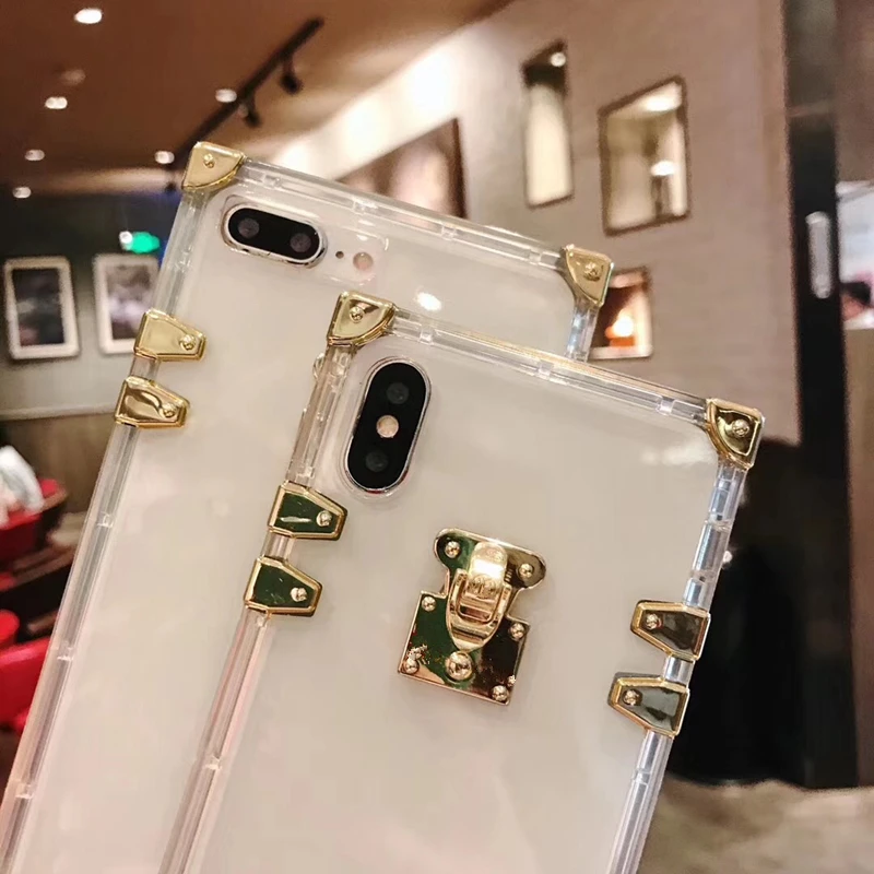 Aoweziic luxury brand square metal transparent soft silicone phone case For iphoneX XS MAX XR 6s 7 8plus cute clear cover fundas