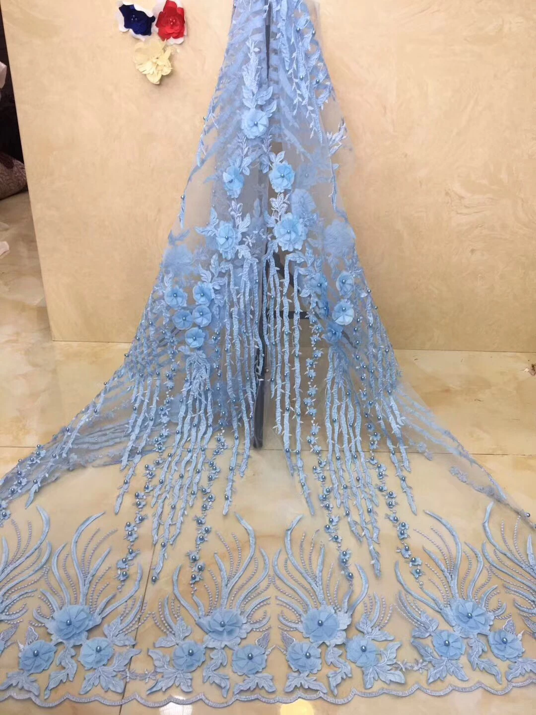 2019 высококачественное Африканское Сетчатое голубое 3d кружевное платье с