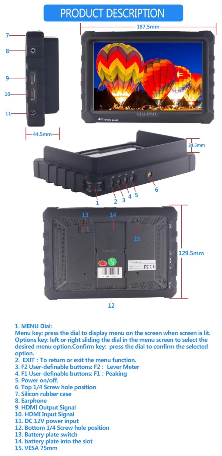 Lilliput A7S 4K видео монитор 7 дюймов On-camera полевой монитор с высоким разрешением ips Full HD 1920x1200 для Canon sony Nikon