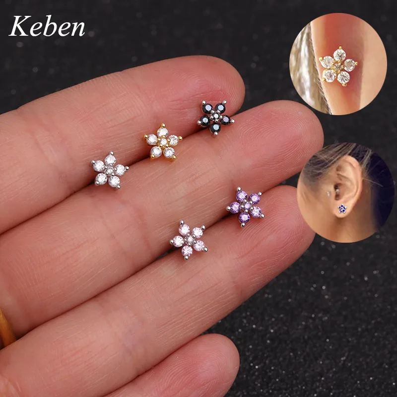 

1 pcs White Pink Purple Cubic Zirconia Flower Cartilage Earring Helix Piercing Conch Rook Tragus Stud Ear Piercing Jewelry