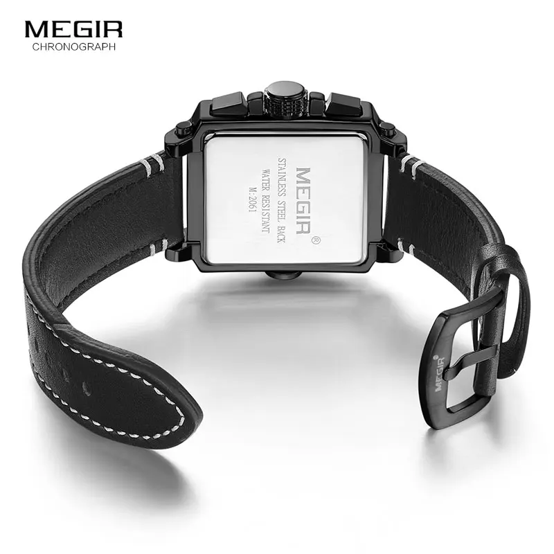 MEGIR Men's Sports Chronograph Wrist Watch for Men Army Leather Square Quartz Stop Watch Clock Man Relogios Masculino 2061Black - Image 6