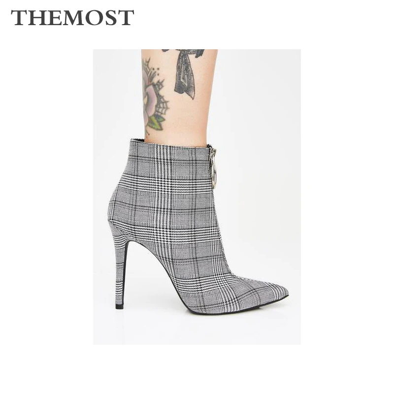 plaid high heel boots
