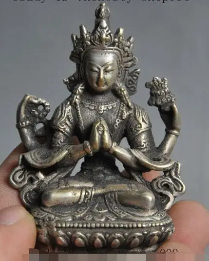 

S0934 Tibet Buddhism fane silver Seat 4 arms Chenrezig Buddha Avalokiteshvara Statue