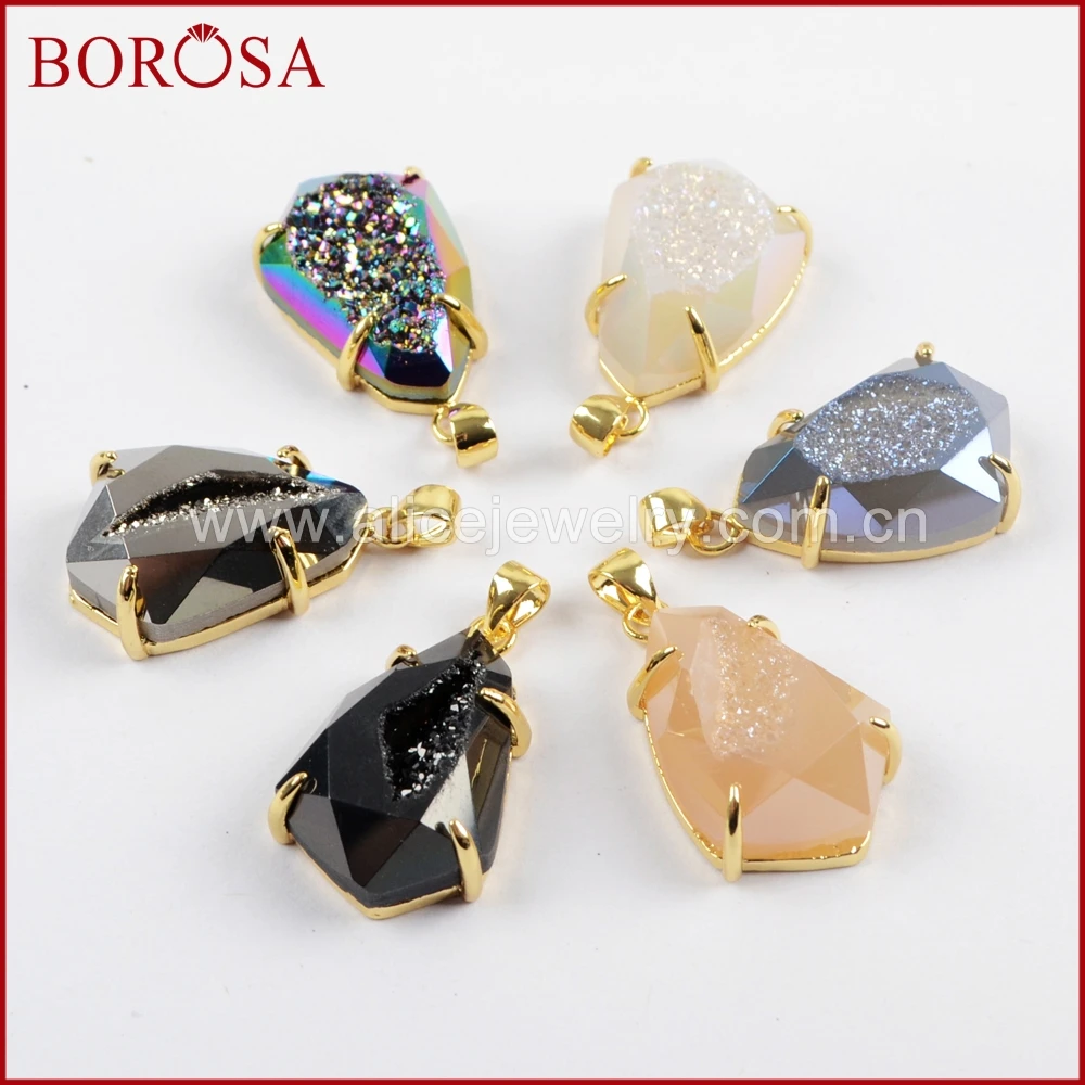

BOROSA 5/10PCS Gold Color Bezel Claw Shield Shape Rainbow Titanium Druzy Faceted Drusy Pendant for Necklace Jewelry ZG0334