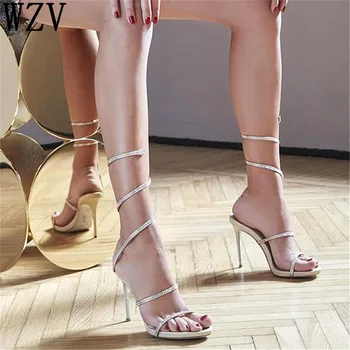 

2019 Rhinestones Woman Sandals serpentine leggings Women party Shoes Roman High heels Sandals sexy Crystal feminino shoes H45