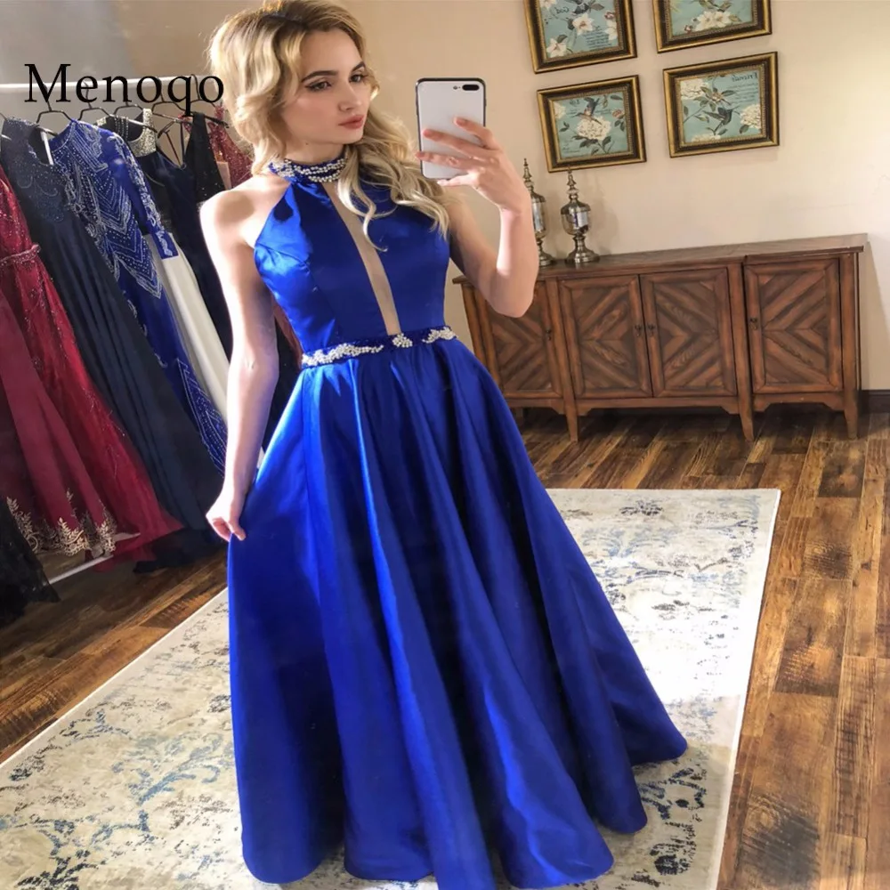 Buy Women's Halter Neckline Beaded Long Satin Royal
